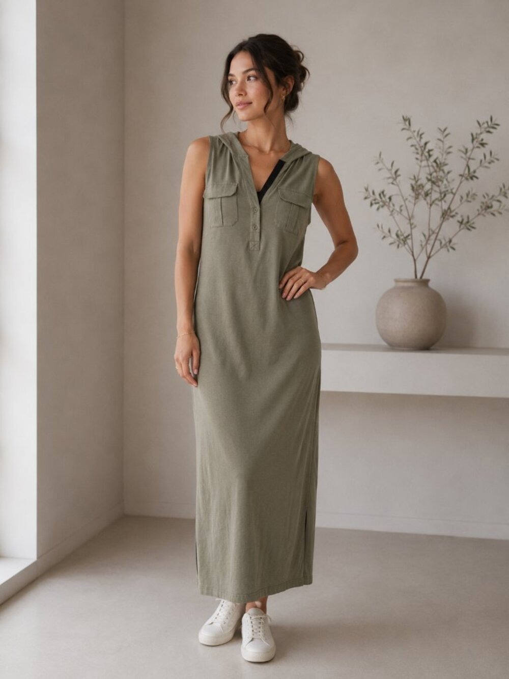 *Silver Jeans Olive Hooded Utility Sleeveless Maxi Dress Side Slits M 0561